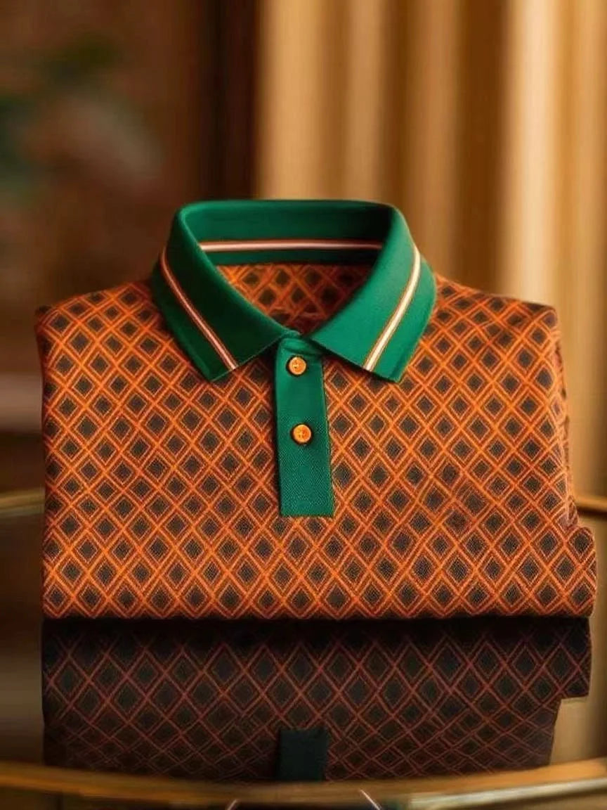 Diamond Pattern Polo Shirt – Luxury Geometric Polo with Contrast Collar (S–6XL)