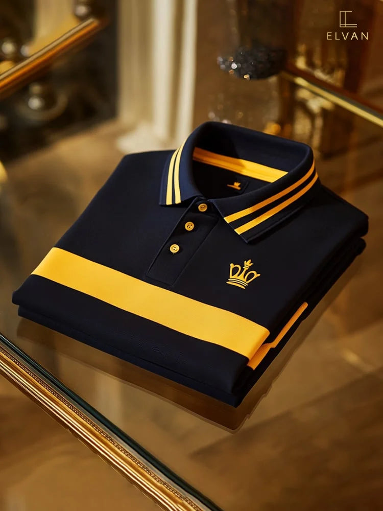 Navy Blue Polo Shirt with Yellow Stripes | Premium Cotton Designer Polo Tee