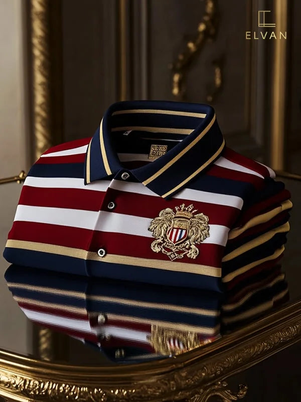 Luxury Striped Polo Shirt with Embroidered Crest – Premium Casual Polo (S–6XL)