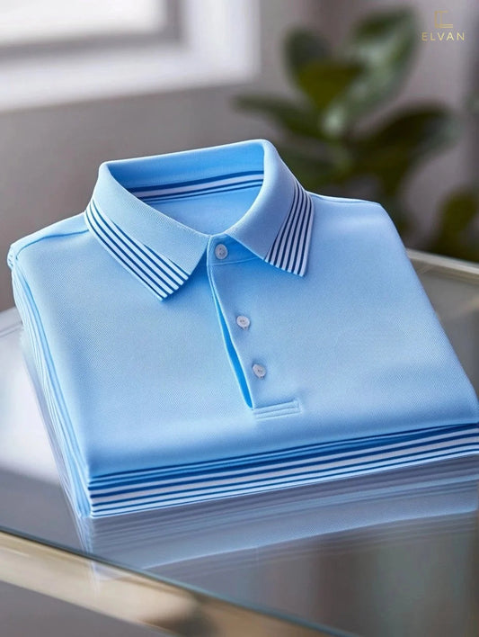Light Blue Polo Shirt with Striped Collar | Premium Cotton Polo Tee