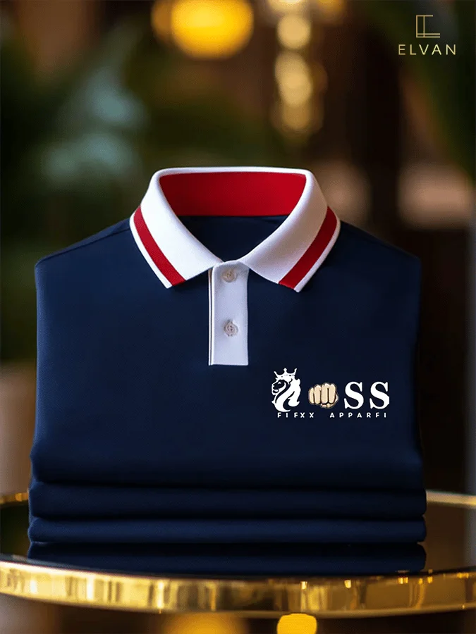 Navy Blue Polo Shirt with Red & White Collar | Premium Cotton Polo Tee