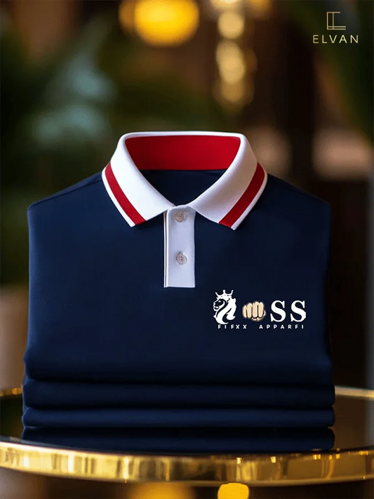 Navy Blue Polo Shirt with Red & White Collar | Premium Cotton Polo Tee