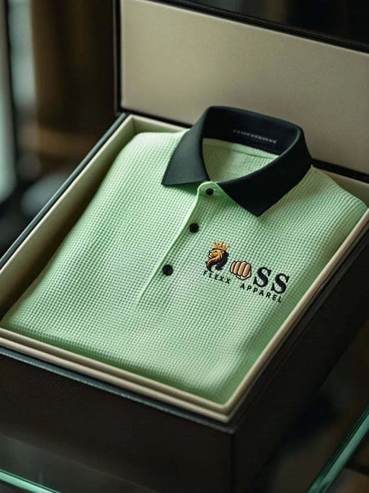 Premium Mint Green Polo Shirt – Textured Fabric with Black Collar | Smart Casual Fit