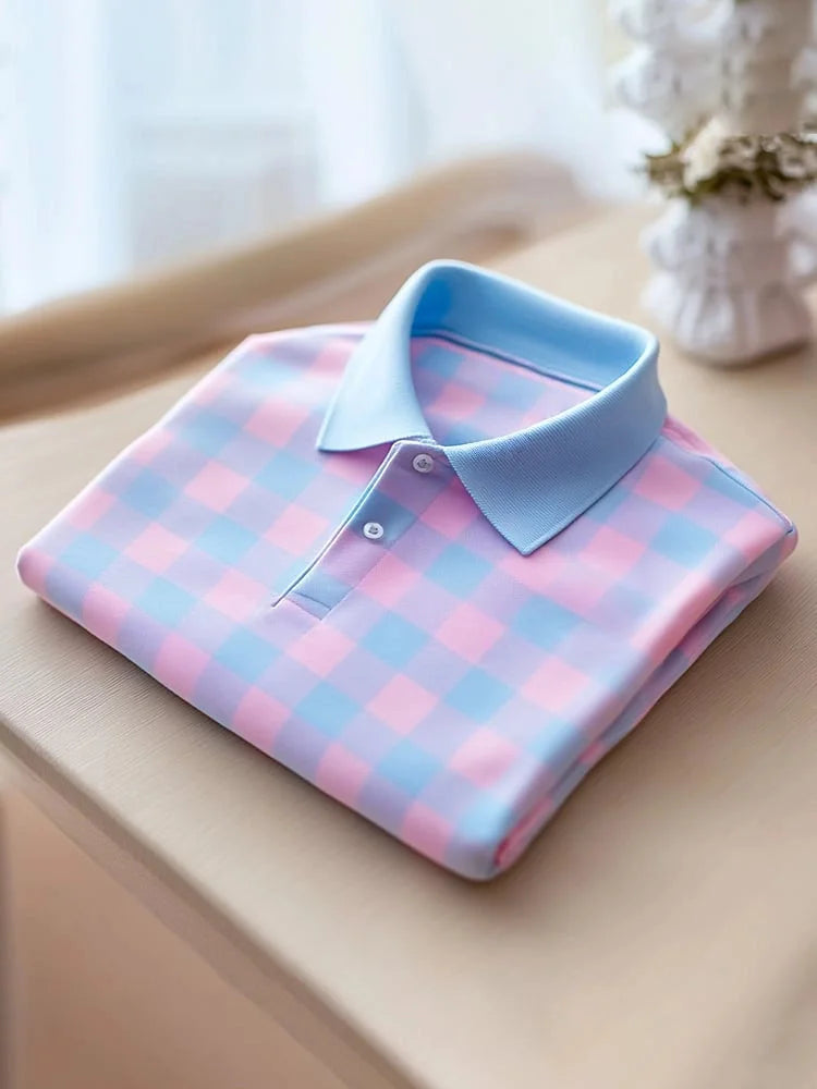 Pastel Green & Pink Check Polo Shirt | Premium Soft Cotton Casual Polo