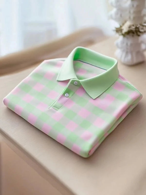Pastel Green & Pink Check Polo Shirt | Premium Soft Cotton Casual Polo