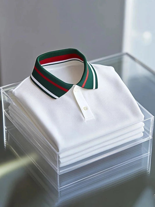 White Polo Shirt with Contrast Stripe Collar | Premium Cotton Polo Tee