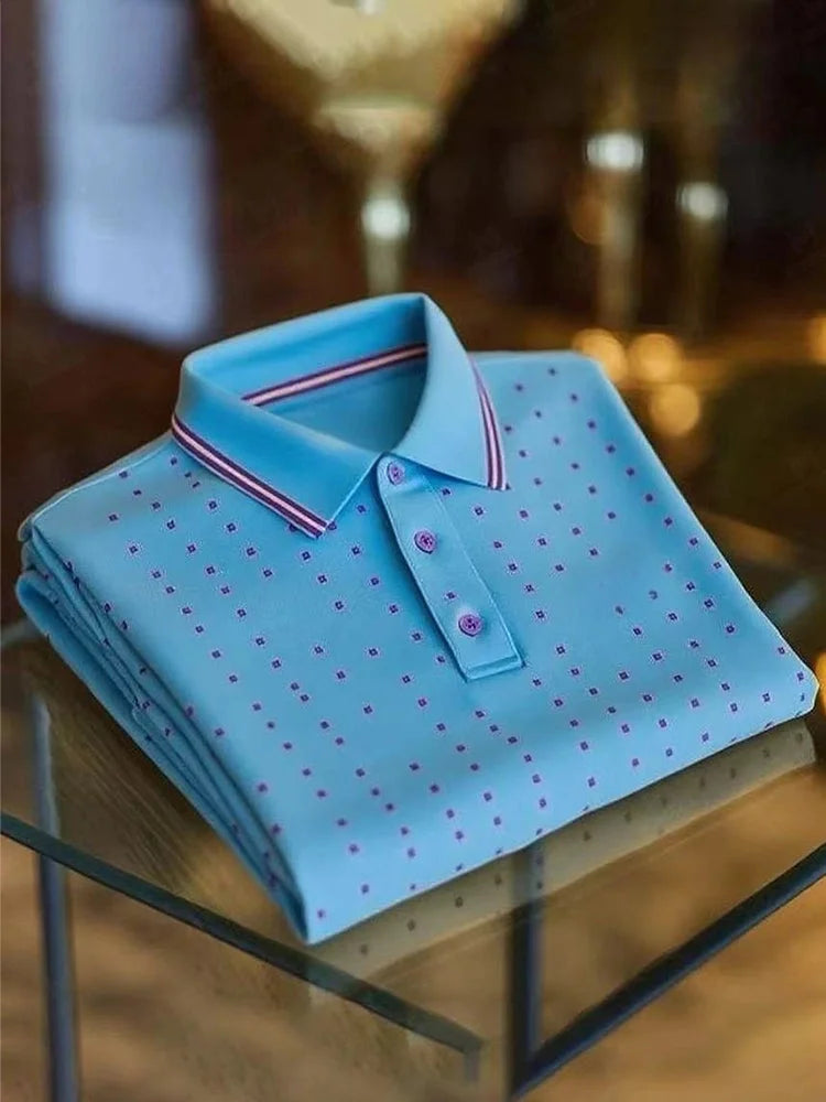 Micro-Dot Polo Shirt – White Contrast Collar Casual Polo (S–6XL)