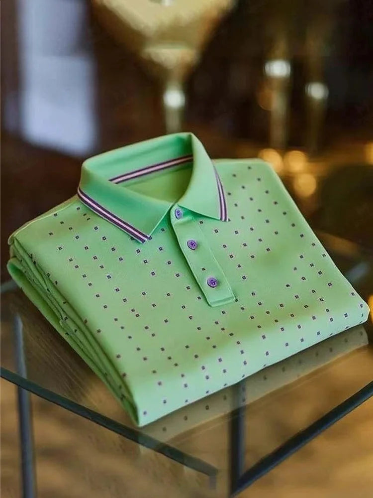 Micro-Dot Polo Shirt – White Contrast Collar Casual Polo (S–6XL)