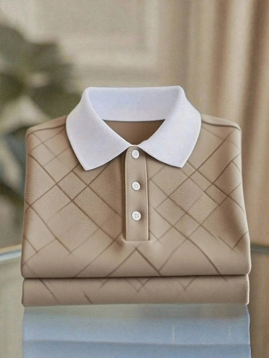Diamond Pattern Polo Shirt – Light Blue Casual Polo with White Collar (S–6XL)