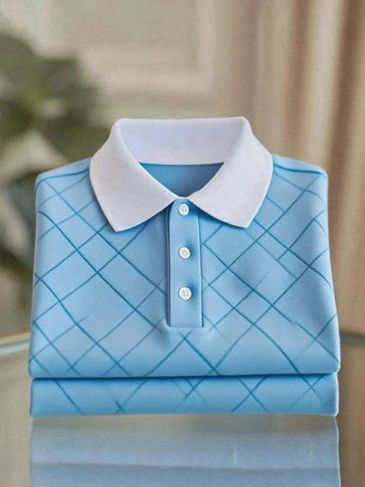 Diamond Pattern Polo Shirt – Light Blue with White Collar (S–6XL)