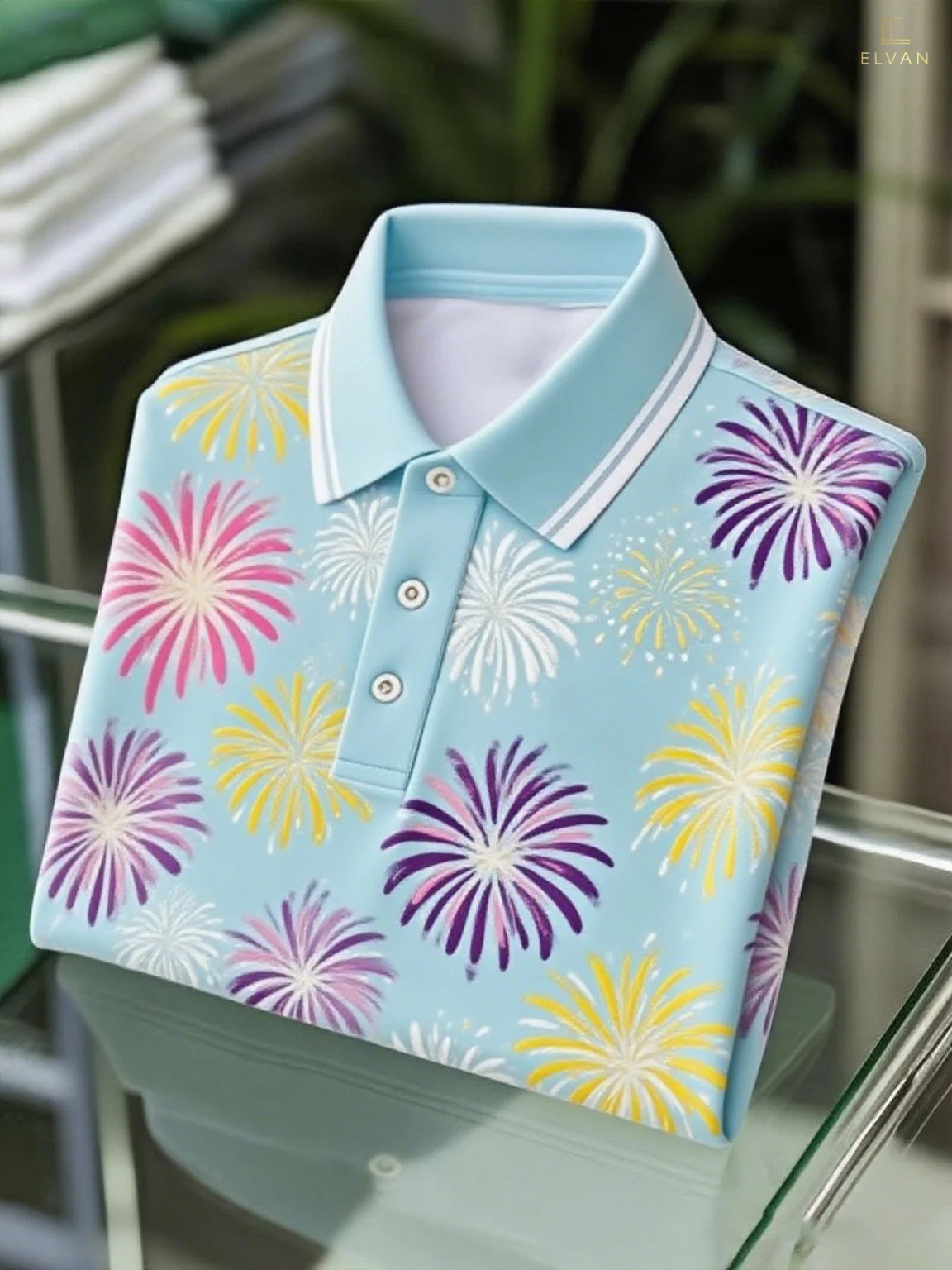 Light Blue Fireworks Print Polo Shirt – Premium Casual Summer Wear (S–6XL)