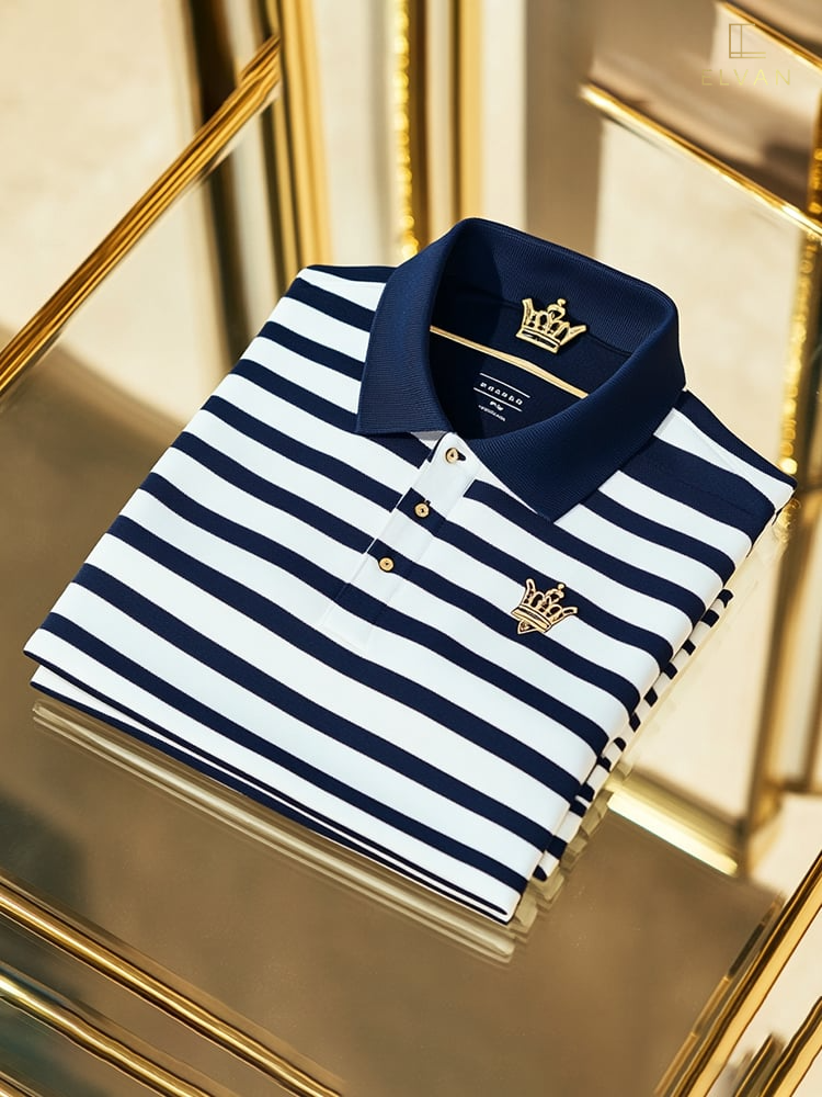 Navy & White Striped Polo Shirt with Crown Emblem – Premium Casual Polo (S–6XL)