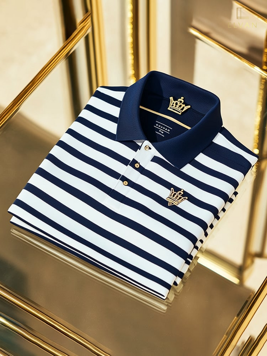 Navy & White Striped Polo Shirt with Crown Emblem – Premium Casual Polo (S–6XL)
